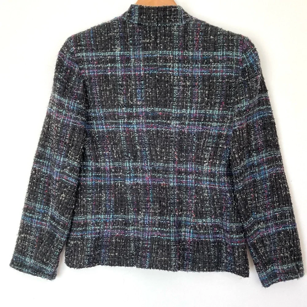 Jones New York Plaid Wool Blend Collarless Jacket Blazer Blue Black 8P